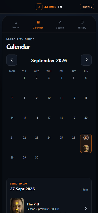 JARVIS TV Calendar screen showing scheduled episodes