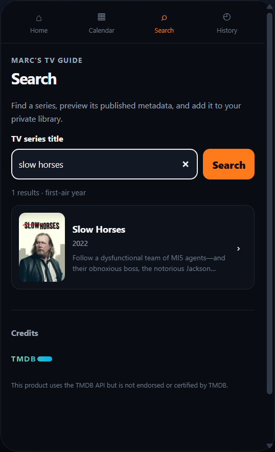 JARVIS TV Search screen showing a real TMDB result for Slow Horses
